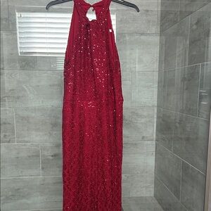 Sequined Lace Halter Jump suit - Deep Red